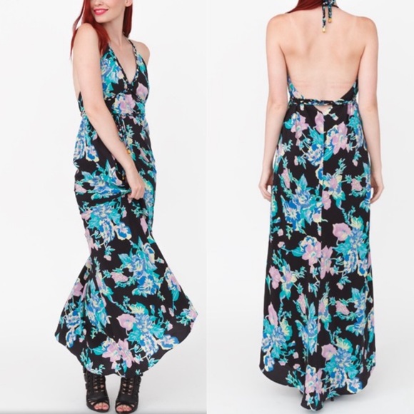 Yumi Kim Dresses & Skirts - Yumi Kim Sasha Silk Halter Maxi Dress Teal Lilac Floral